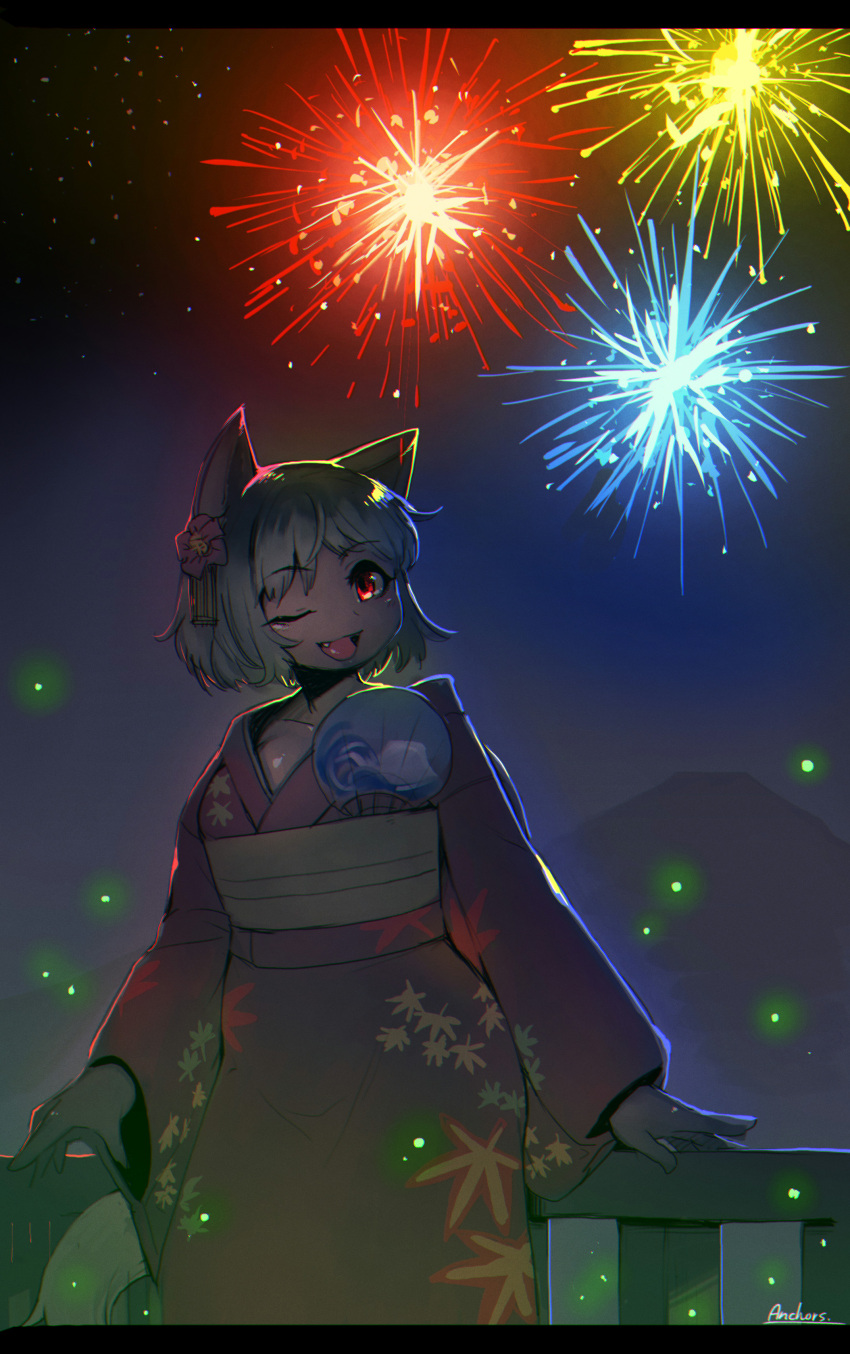 1girl, ;d, absurdres, alternate_costume, anchors, animal_ears, arms_at_sides, artist_name