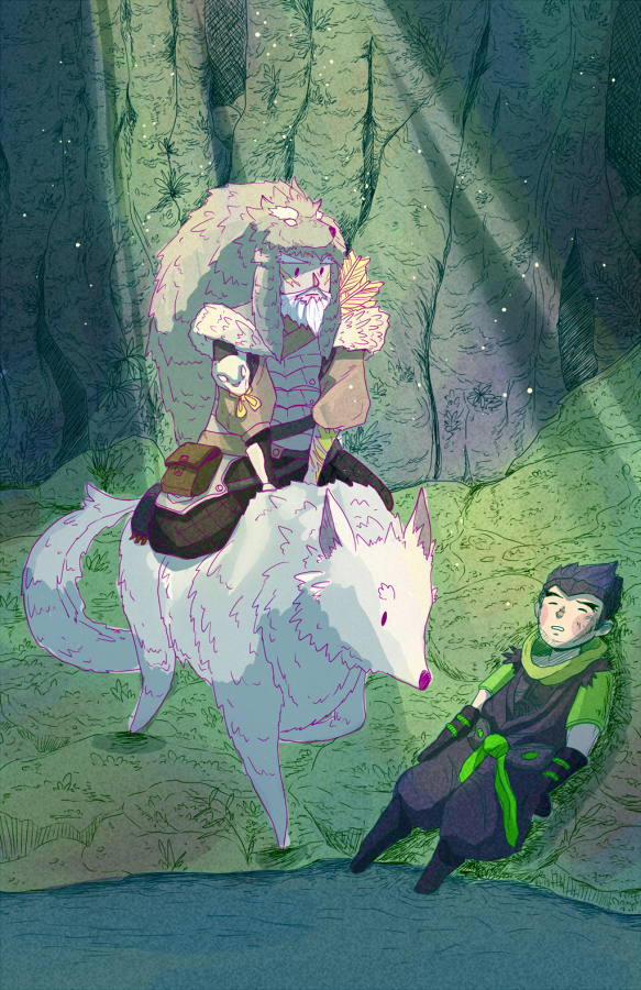 2boys, beard, blush_stickers, cape, closed_eyes, facial_hair, forehead_protector, forest