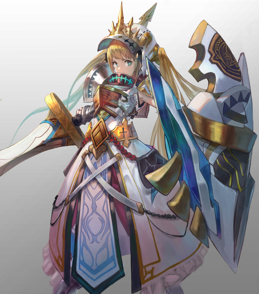 1girl, armor, armored_dress, armpit_peek, blonde_hair, commentary, gradient, gradient_background