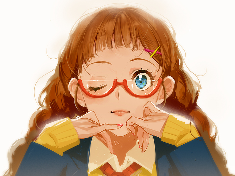 1girl, blue_eyes, braid, cardigan, ekao, glasses, hair_ornament, hairclip