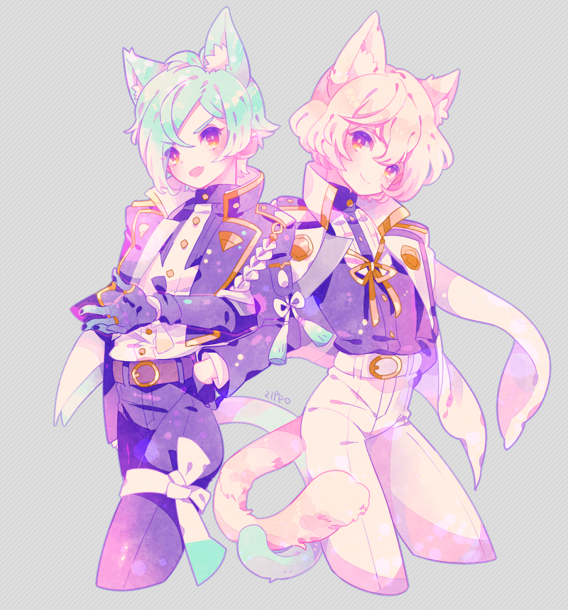 >:d, 2boys, :d, animal_ears, black_gloves, blonde_hair, cat_ears, cat_tail