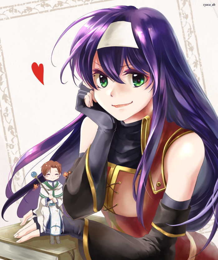 1boy, 1girl, artist_name, bare_shoulders, black_gloves, book, brown_hair, chibi