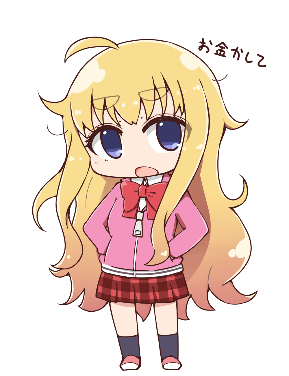 1girl, ahoge, blonde_hair, blue_eyes, bow, bowtie, chibi, commentary