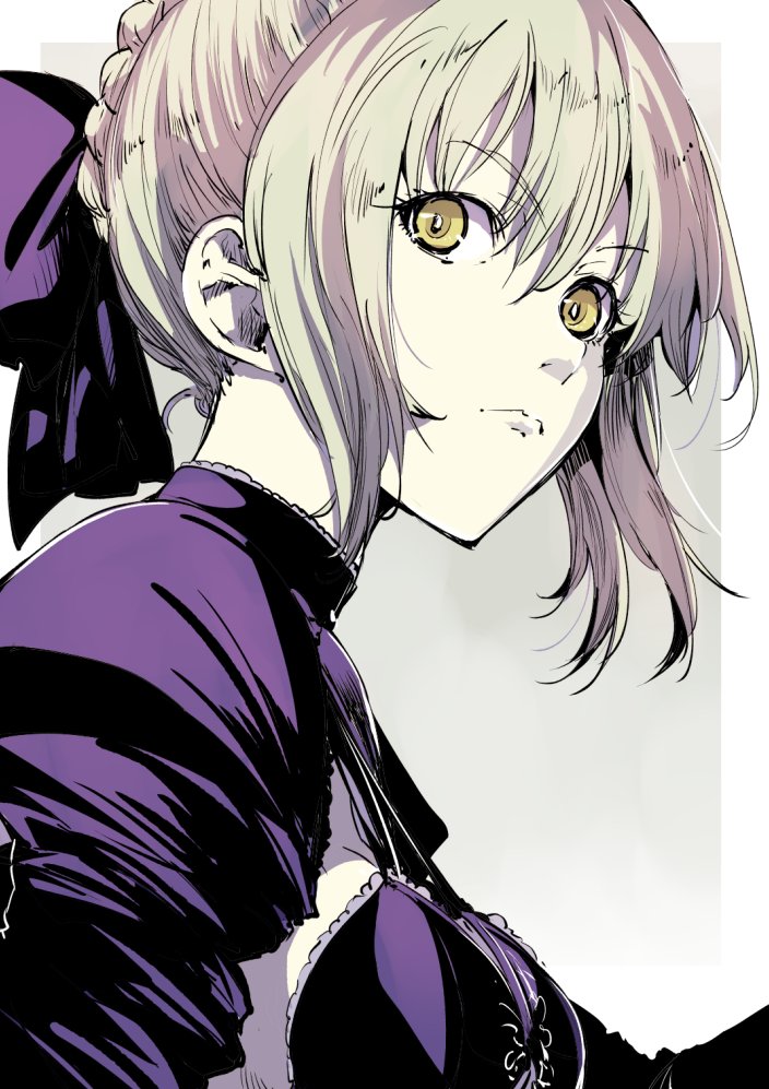 1girl, blonde_hair, bonkara_(sokuseki_maou), bow, breasts, bustier, commentary_request, fate/stay_night, fate_(series), hair_bow, hair_up, juliet_sleeves, long_sleeves, looking_at_viewer, puffy_sleeves, saber, saber_alter, sidelocks, small_breasts, solo, tan_background, upper_body, yellow_eyes