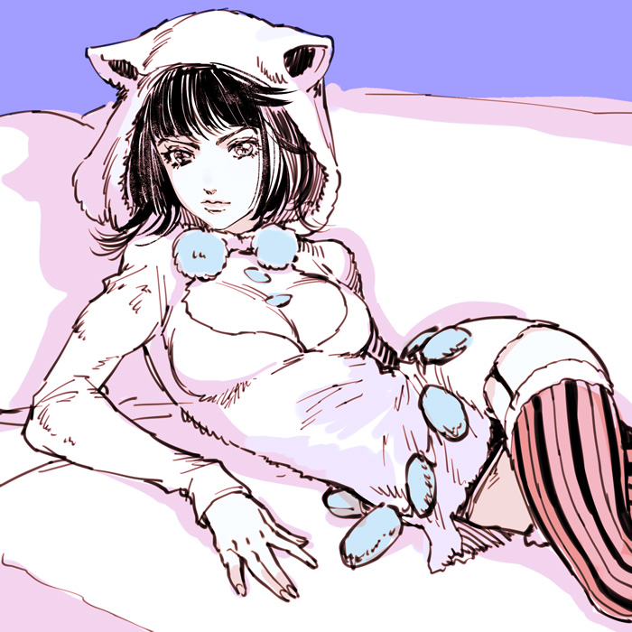 1girl, animal_ears, black_hair, fake_animal_ears, garter_straps, higashikata_daiya, hood, jojo_no_kimyou_na_bouken, jojolion, lying, short_hair, solo, striped, striped_legwear, thigh-highs, vertical-striped_legwear, vertical_stripes, zakki