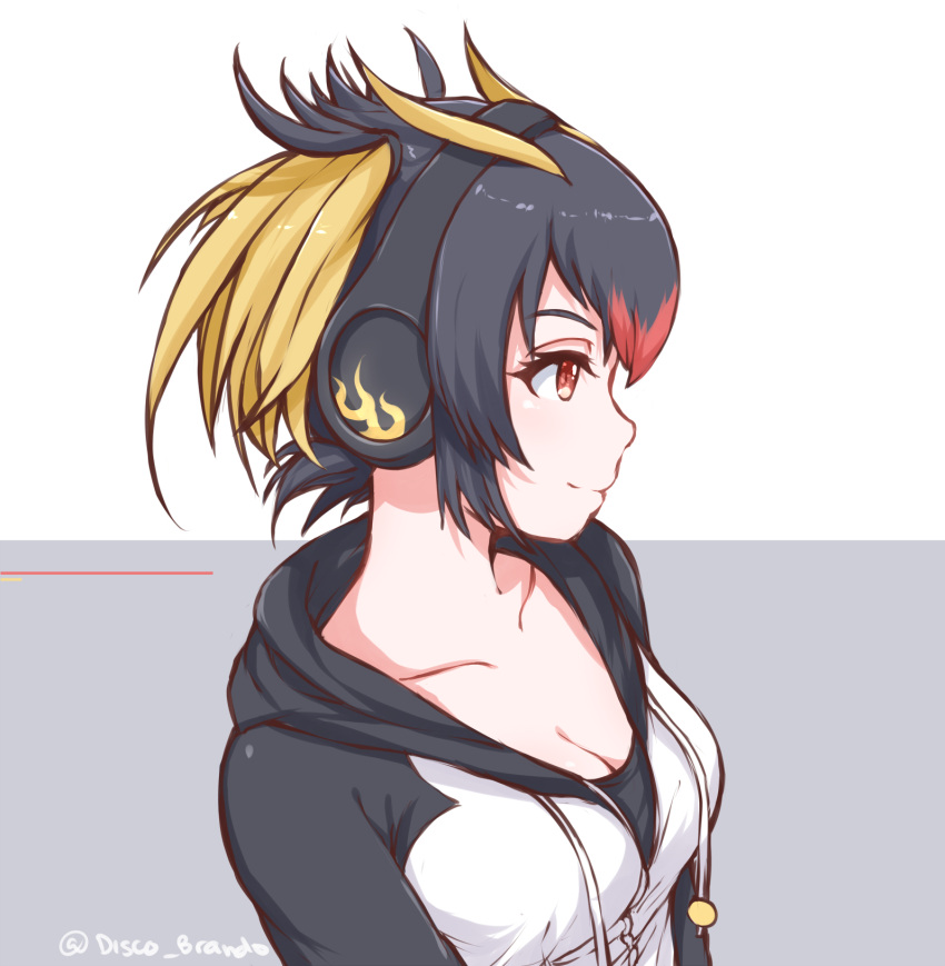 1girl, black_hair, blonde_hair, breasts, cleavage, commentary, disco_brando, headphones