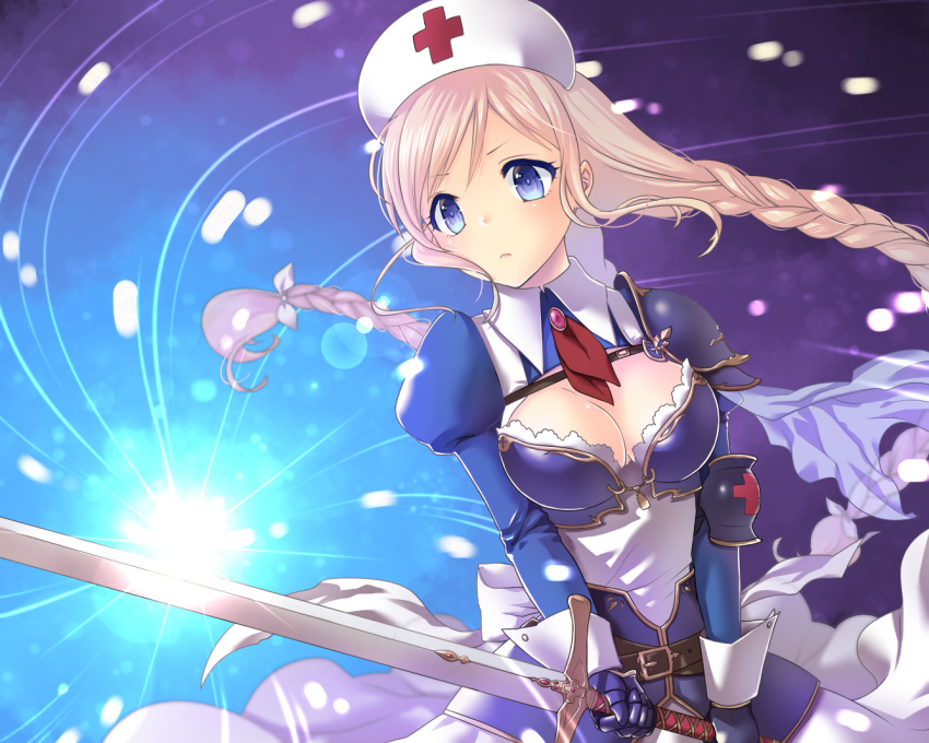 1girl, armor, blue_eyes, braid, breasts, cell_(card_game), cleavage, elbow_pads