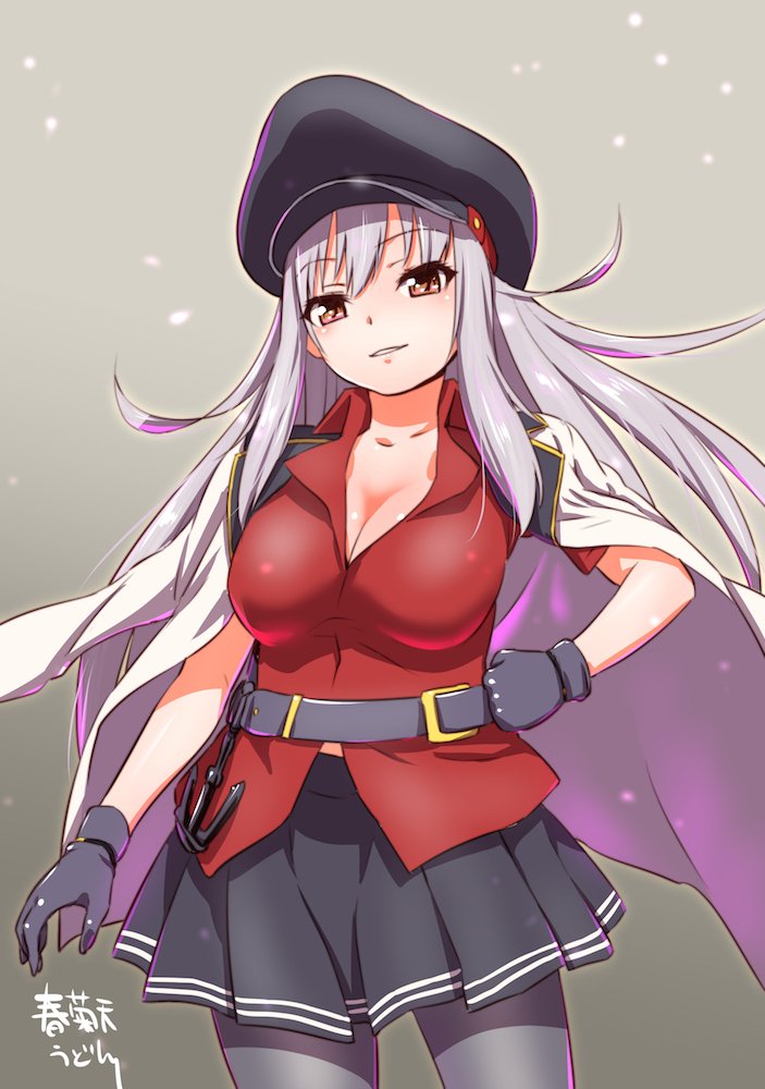 1girl, belt, black_gloves, breasts, gangut_(kantai_collection), gloves, grey_hair, hat, jacket, kantai_collection, large_breasts, long_hair, looking_at_viewer, military, military_hat, military_jacket, military_uniform, orange_eyes, pantyhose, red_skirt, remodel_(kantai_collection), shungikuten, skirt, solo, uniform