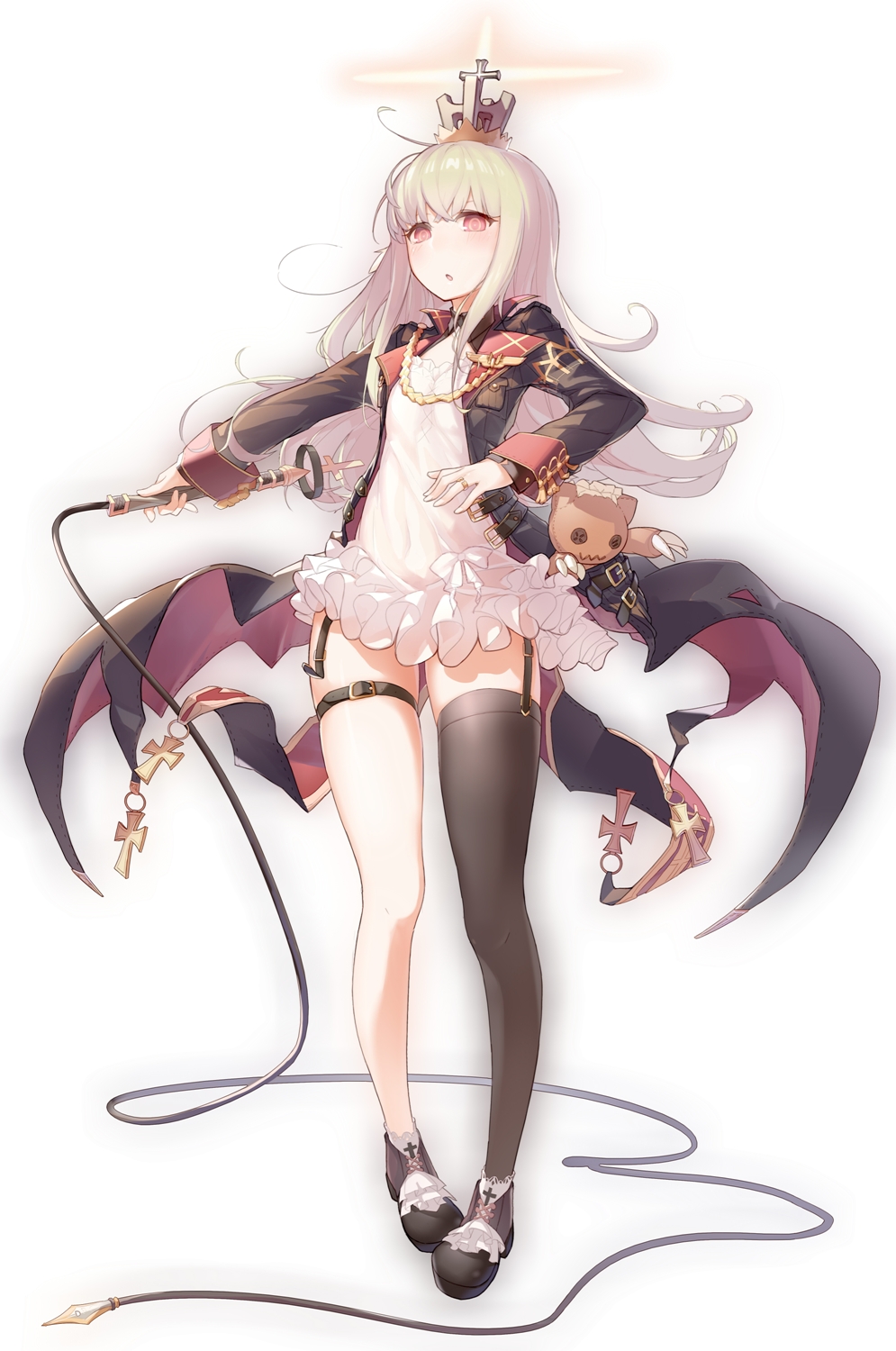 1girl, asymmetrical_legwear, blonde_hair, cross, crown, doyou_tengoku_pikaraji, frills, highres, jewelry, long_coat, long_hair, original, pale_skin, red_eyes, ring, stuffed_toy, thigh-highs, vampire, whip, white_background