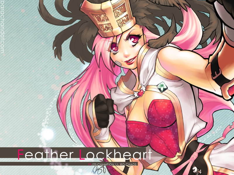 champion, clenched_hand, feathers, gloves, hat, lipstick, long_hair, orc_hero, pink_eyes, pink_hair, ragnarok_online, solo