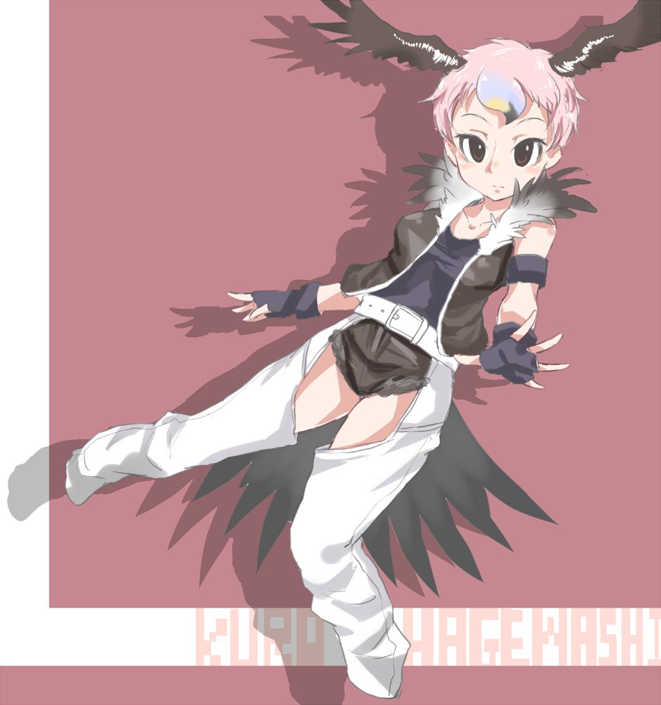 1girl, belt, black_hair, blonde_hair, brown_eyes, character_name, eurasian_black_vulture_(kemono_friends), feathered_wings, feathers, fingerless_gloves, gloves, kemono_friends, multicolored_hair, pink_hair, purple_hair, short_hair, solo, tatu_nw, vest, wings