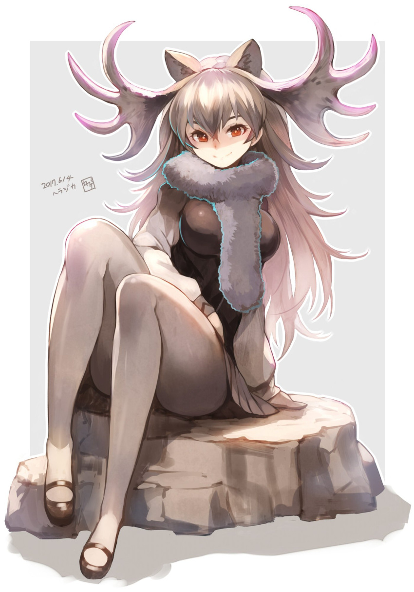 1girl, animal_ears, antlers, black_shoes, breasts, commentary_request, extra_ears, full_body