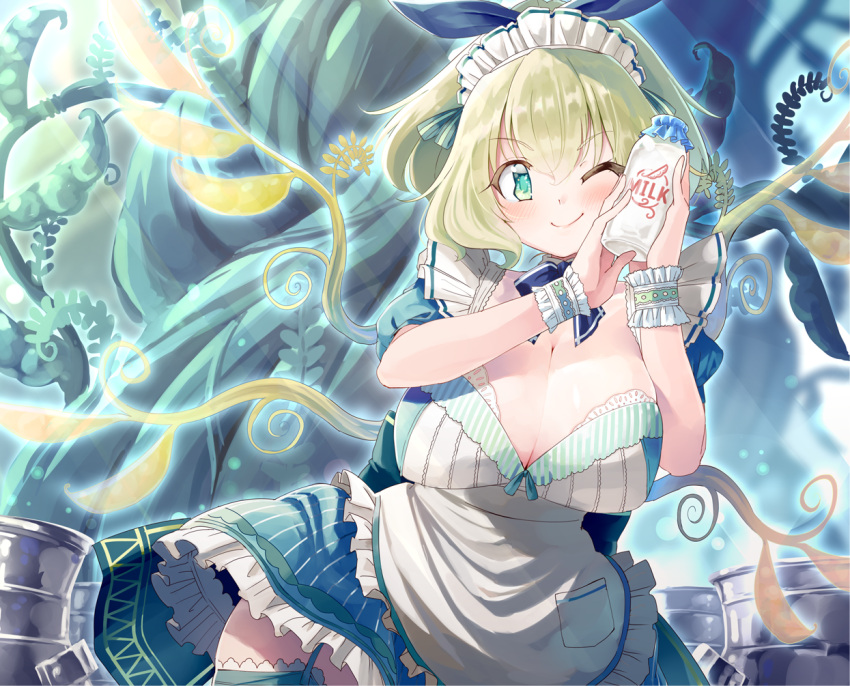 1girl, ;), apron, blonde_hair, blue_eyes, blush, bottle, breasts