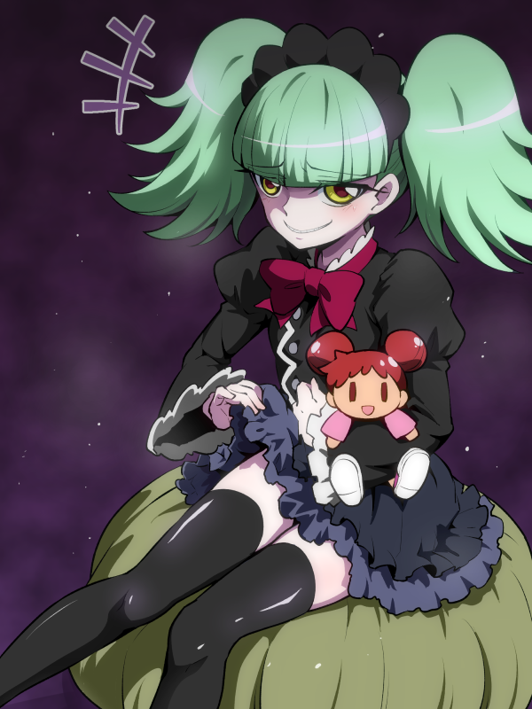 1girl, biburi_(precure), black_hairband, black_legwear, black_skirt, bow, bowtie, character_doll, chiba_chiemi, frilled_hairband, gothic_lolita, green_hair, hairband, harukaze_doremi, kirakira_precure_a_la_mode, lolita_fashion, looking_at_viewer, ojamajo_doremi, precure, red_bow, red_bowtie, seiyuu_connection, sitting, skirt, smile, solo, thigh-highs, tj-type1, twintails, yellow_eyes, zettai_ryouiki