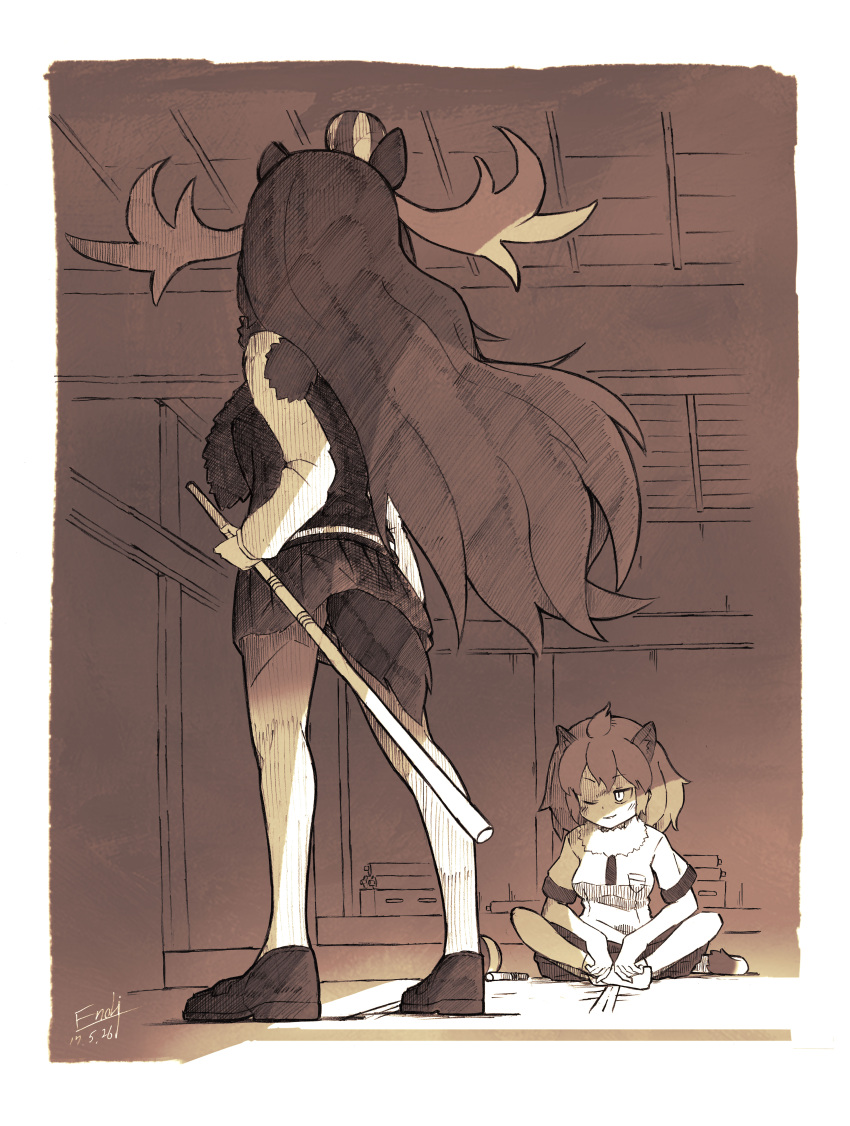 absurdres, animal_ears, antlers, black_hair, blonde_hair, enk_0822, fur_collar, hair_between_eyes
