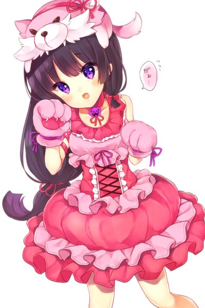 1girl, animal, animal_on_head, black_hair, bubble_skirt, cowboy_shot, dress, eyebrows_visible_through_hair