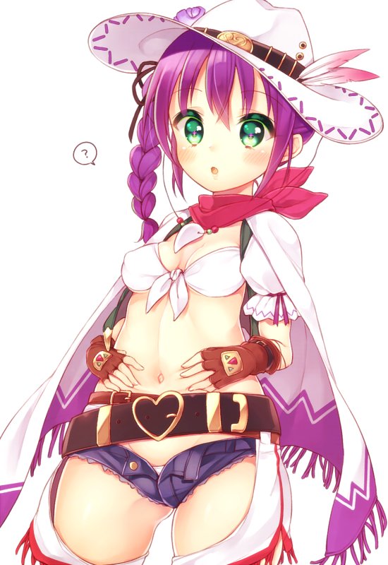 1girl, :o, ?, belt, blush, bra, braid, brown_gloves, cape, chaps, cowboy_hat, cowboy_shot, fingerless_gloves, flower_knight_girl, gloves, green_eyes, hands_on_hips, hat, houzuki_michiru, lisianthus_(flower_knight_girl), looking_at_viewer, midriff, navel, open_fly, purple_hair, red_scarf, scarf, short_hair, short_shorts, shorts, solo, underwear, white_background, white_bra, white_cape, white_hat