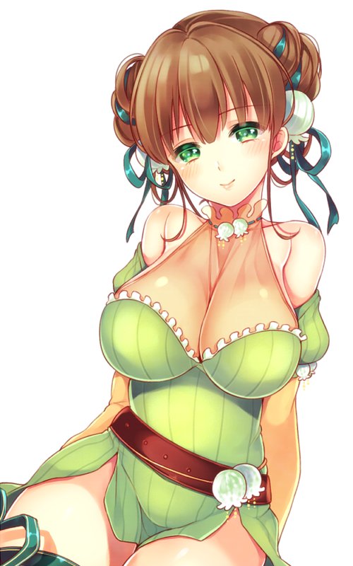 1girl, belt, breasts, brown_hair, cleavage, closed_mouth, cowboy_shot, dress, flower, flower_knight_girl, green_bell_(flower_knight_girl), green_dress, green_eyes, green_ribbon, hair_flower, hair_ornament, hair_ribbon, halterneck, houzuki_michiru, large_breasts, looking_at_viewer, miniskirt, ribbon, short_hair, skirt, smile, solo, white_background