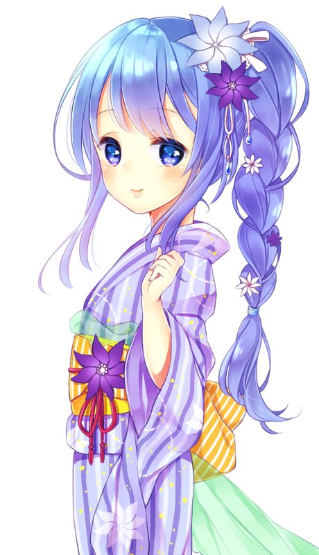 1girl, blue_eyes, blue_hair, blue_kimono, braid, clematis_(flower_knight_girl), closed_mouth, cowboy_shot
