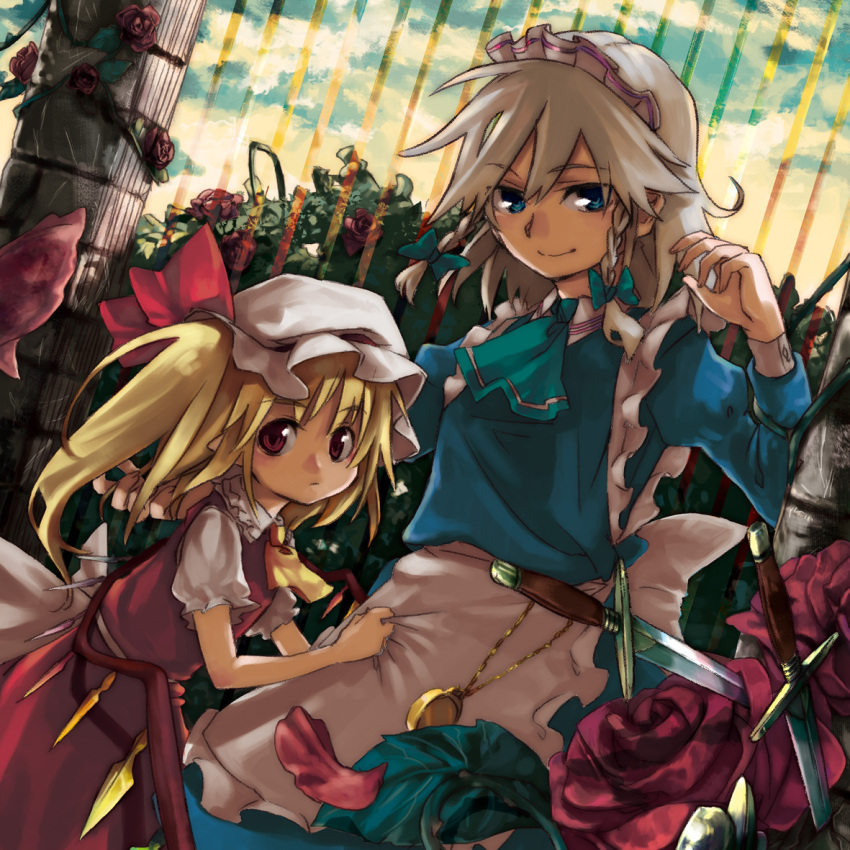 ask, blue_eyes, flandre_scarlet, flower, hairband, hat, izayoi_sakuya, knife