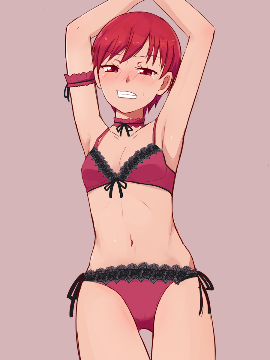 1girl, arm_garter, armpits, arms_up, blush, bra, breasts, clenched_teeth