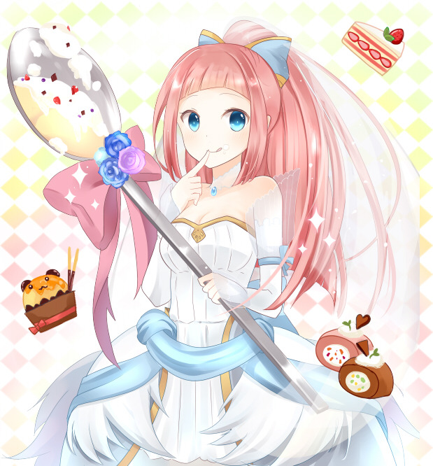 blue_eyes, bow, cake, dress, felicia_(fire_emblem_if), fire_emblem, fire_emblem_heroes, fire_emblem_if, food, food_on_face, hair_bow, looking_at_viewer, pink_hair, rojiura-cat, smile, spoon, wedding_dress