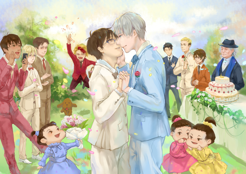 3girls, 6+boys, ^_^, absurdres, black_hair, blonde_hair, blue-framed_eyewear, blue_eyes, bouquet, bow, bowtie, brown_eyes, brown_hair, cake, cellphone, christophe_giacometti, closed_eyes, crossed_arms, dark_skin, dark_skinned_male, dog, dress, flower, food, formal, glasses, green_eyes, guigu_shanzu, hair_bun, hair_ornament, hair_scrunchie, hand_holding, hat, highres, husband_and_husband, incipient_kiss, interlocked_fingers, jean-jacques_leroy, jewelry, ji_guang-hong, jumping, katsuki_yuuri, makkachin, minami_kenjirou, multicolored_hair, multiple_boys, multiple_girls, necktie, nishigoori_axel, nishigoori_loop, nishigoori_lutz, one_eye_closed, open_mouth, otabek_altin, phichit_chulanont, phone, pink_rose, ponytail, redhead, ring, rose, scrunchie, silver_hair, smartphone, smile, suit, table, twintails, viktor_nikiforov, wedding, white_rose, yakov_feltsman, yaoi, yuri!!!_on_ice, yuri_plisetsky