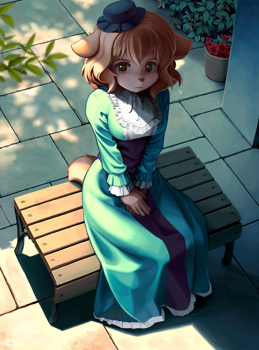 1girl, animal_ears, bench, blush, brown_eyes, dog_ears, dress, flower