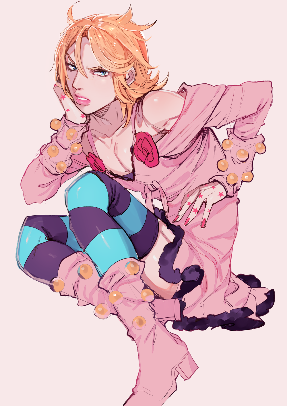 1boy, blonde_hair, blue_eyes, boots, cosplay, dvqjo, highres, johnny_joestar, jojo_no_kimyou_na_bouken, lipstick, lucy_steel, lucy_steel_(cosplay), makeup, male_focus, orange_hair, solo, star, star_print, steel_ball_run, striped, striped_legwear, thigh-highs, trap