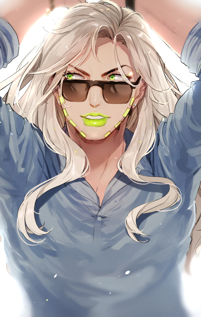 1boy, arms_up, brown_hair, dvqjo, green_lipstick, gyro_zeppeli, jojo_no_kimyou_na_bouken, lipstick, long_hair, makeup, male_focus, parted_lips, smile, solo, steel_ball_run, sunglasses