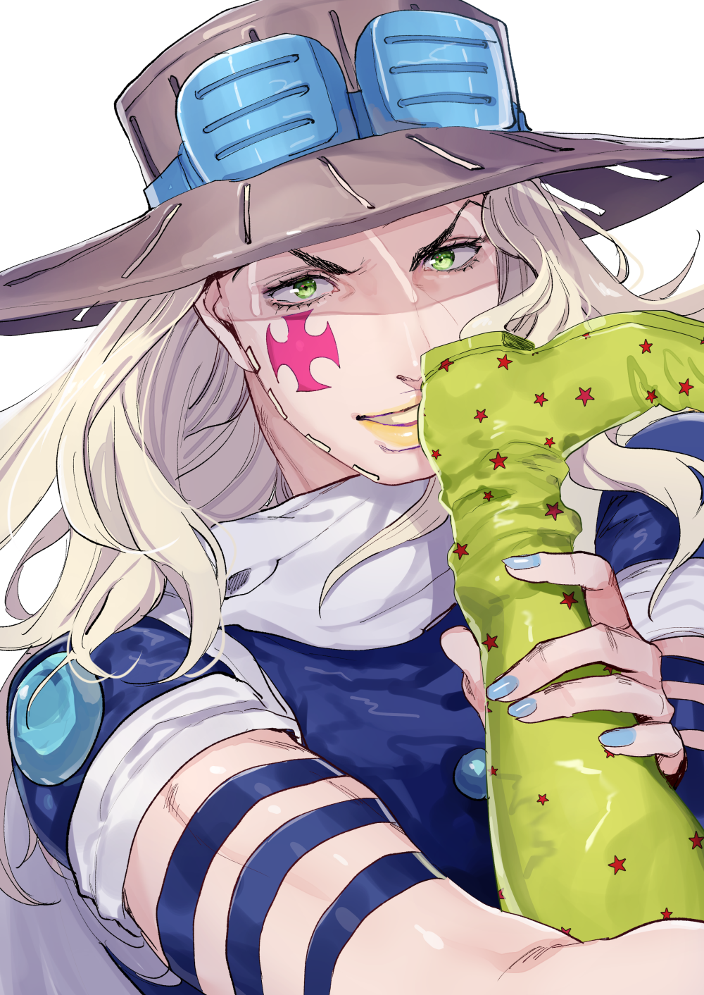 cross, dvqjo, facial_mark, foot_on_face, green_eyes, gyro_zeppeli, hat, highres