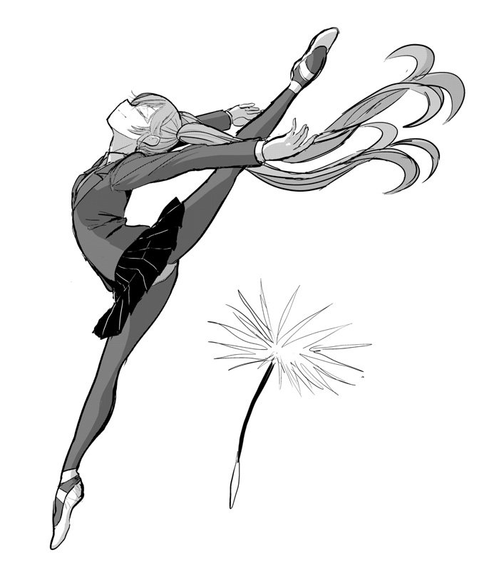 1girl, ballet, ballet_slippers, blazer, commentary_request, dancing, dandelion, flexible, flower, greyscale, jacket, ken_(koala), long_hair, monochrome, necktie, one_leg_raised, original, panties, pantyhose, pleated_skirt, school_uniform, simple_background, skirt, solo, splits, twintails, underwear, very_long_hair, white_background