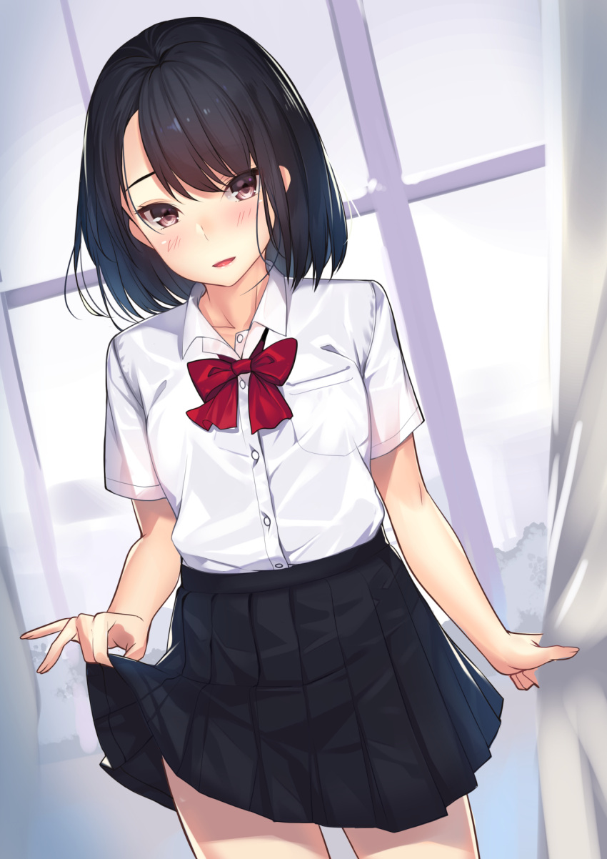 1girl, :d, asymmetrical_bangs, bangs, black_hair, black_skirt, blush, breast_pocket