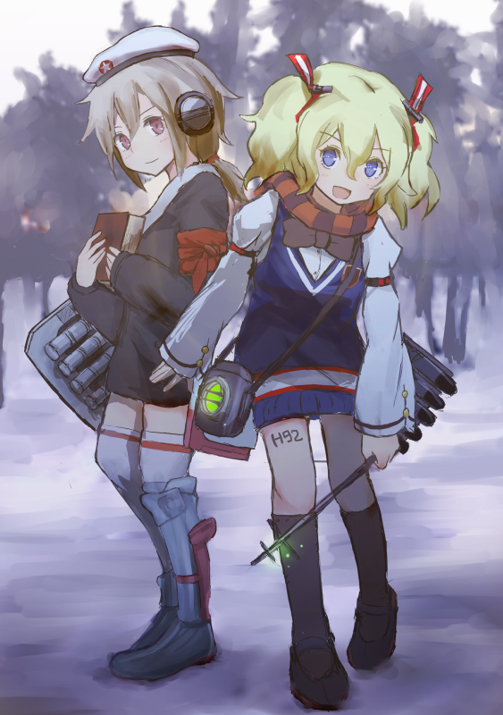 2girls, armband, bag, beret, black_legwear, black_skirt, blue_eyes, book