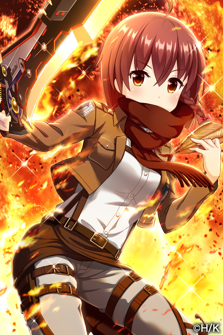 1girl, absurdres, ahoge, alternative_girls, bow, braid, brown_eyes, brown_hair
