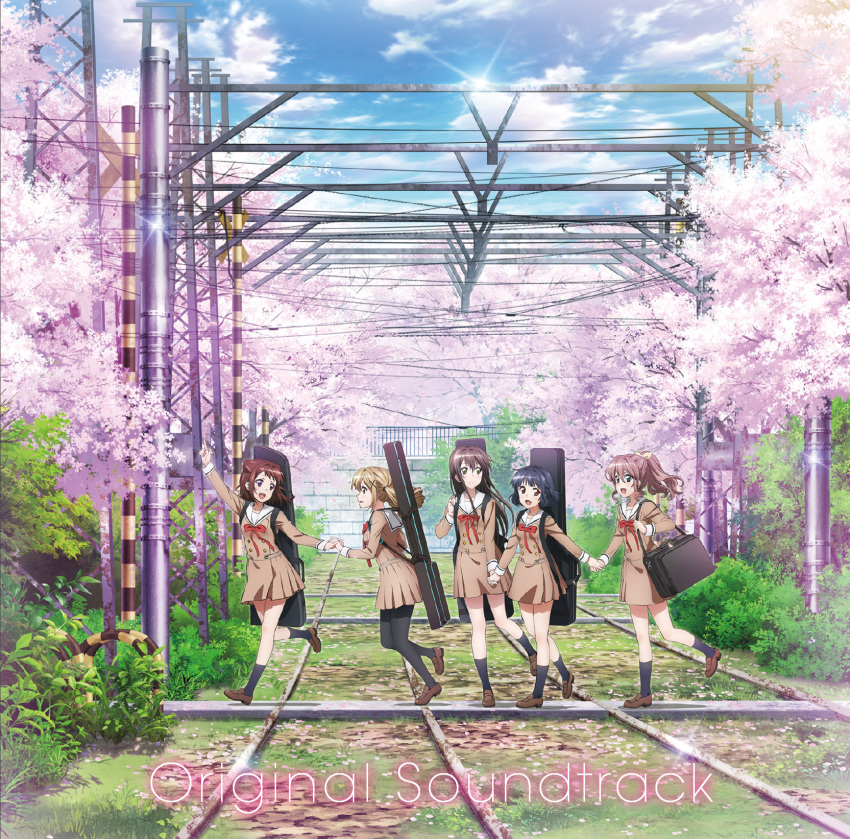5girls, :d, arm_up, bag, bang_dream!, bang_dream!_girls_band_party!, black_hair, black_legwear