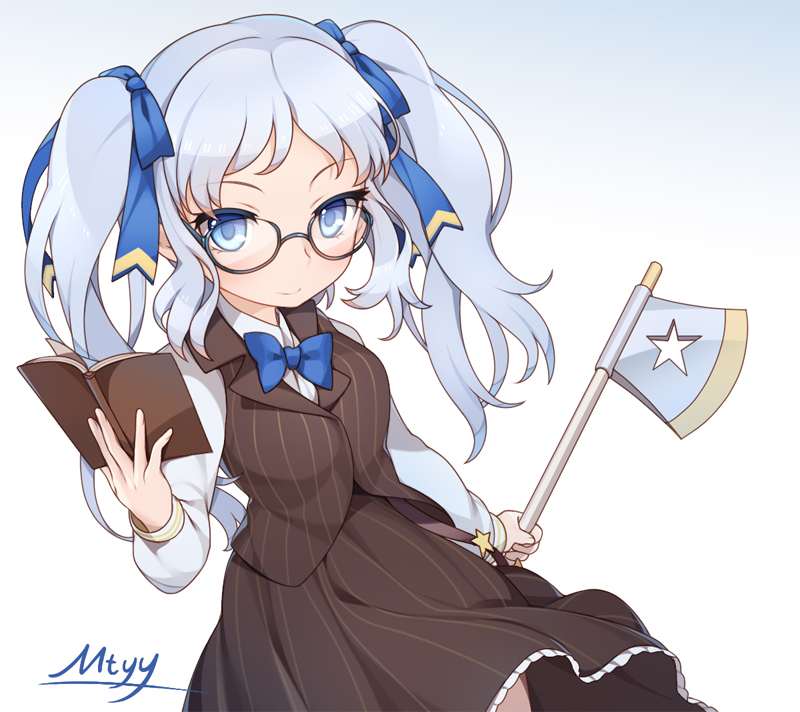 1girl, axe, blue_bow, blue_bowtie, blue_eyes, blue_hair, book, bow
