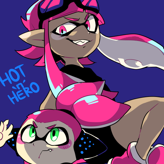 1boy, 1girl, bike_shorts, character_name, domino_mask, fang, female_inkling, goggles