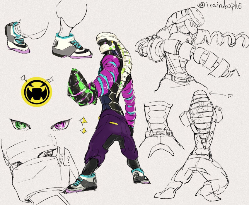 1boy, ?, arms_(game), baggy_pants, character_sheet, green_eyes, grey_background, helmet, heterochromia, iruka+, kid_cobra_(arms), logo, long_arms, looking_at_viewer, male_focus, pants, shoes, simple_background, slamamander_(arms), sneakers, solo, sparkle, twitter_username, violet_eyes