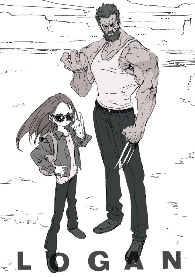 1boy, 1girl, backpack, bag, beard, black_hair, claws, commentary, copyright_name, facial_hair, father_and_daughter, hekoko, jacket, laura_kinney, logan_(movie), long_hair, long_sleeves, looking_at_viewer, monochrome, muscle, pants, simple_background, sunglasses, wolverine, x-men