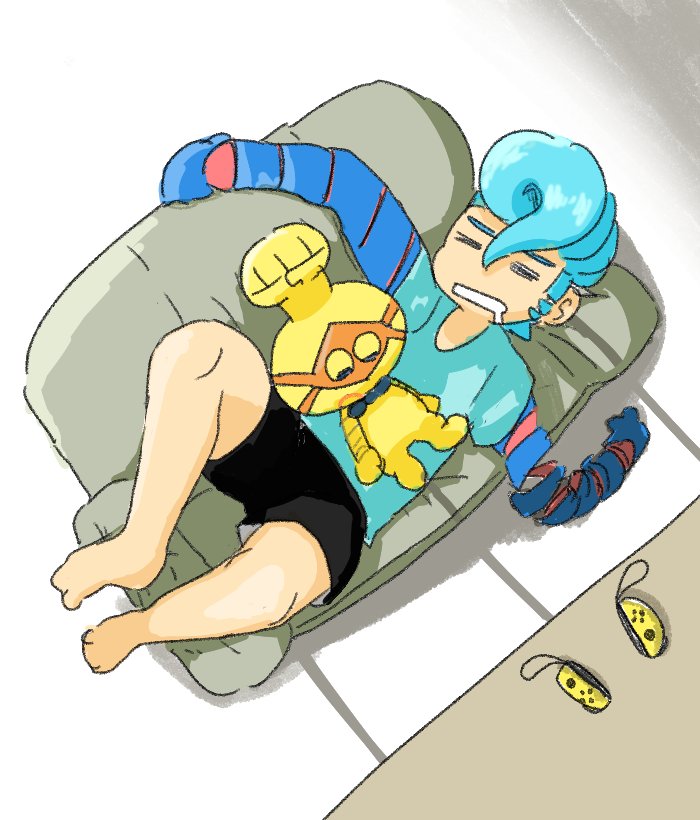 2boys, arms_(game), barefoot, blue_hair, blue_shirt, casual, closed_eyes, cobushii_(arms), controller, couch, frisbee_(frisbee_aop), from_above, full_body, game_controller, joy-con, long_arms, male_focus, multiple_boys, open_mouth, pompadour, robot, shirt, shorts, sleeping, spring_man_(arms), t-shirt