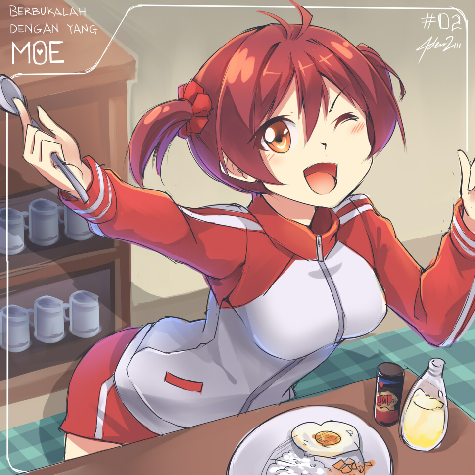 1girl, bottle, brown_eyes, egg, isshiki_akane, jacket, looking_at_viewer, malay