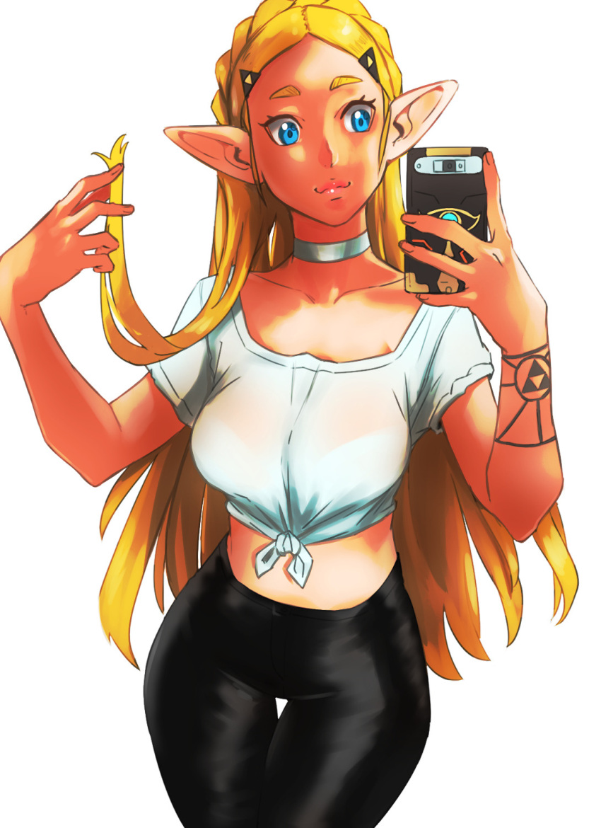1girl, alternate_universe, black_pants, blonde_hair, blue_eyes, breasts, casual, cellphone
