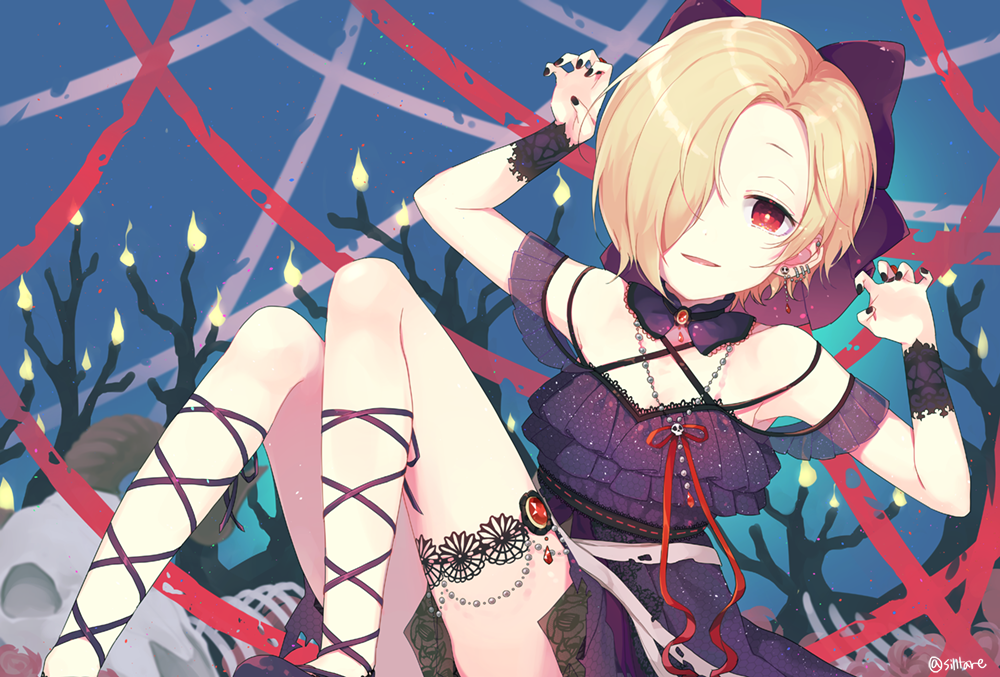 1girl, :d, blonde_hair, bracelet, choker, claw_pose, ear_piercing, earrings