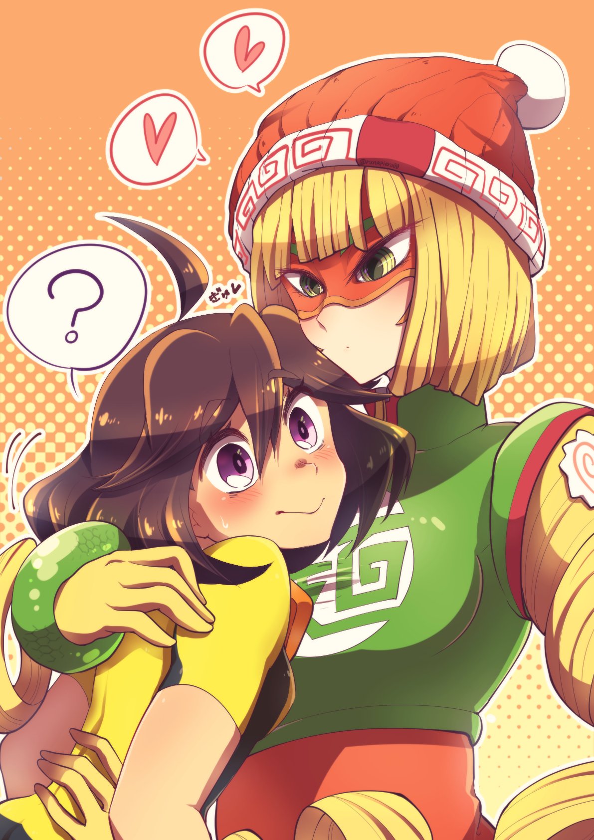 2girls, ahoge, arms_(game), bangs, beanie, blonde_hair, bodysuit, brown_hair