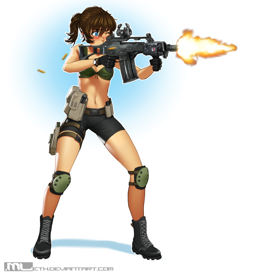 1girl, aiming, artist_name, assault_rifle, bike_shorts, black_boots, black_gloves, black_shorts