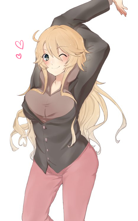 1girl, alternate_costume, arms_up, black_shirt, blonde_hair, blue_eyes, breasts, dress_shirt, iowa_(kantai_collection), kantai_collection, large_breasts, long_hair, minoco_(sana_moko), one_eye_closed, pants, red_pants, shirt, simple_background, solo, stretch, white_background