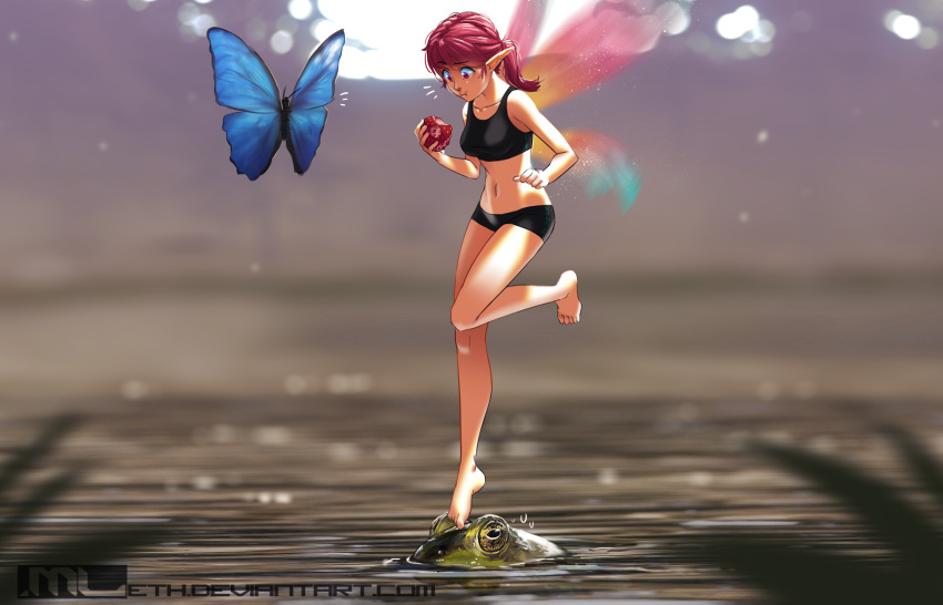 1girl, :t, artist_name, balancing, barefoot, berry, bite_mark, black_bra