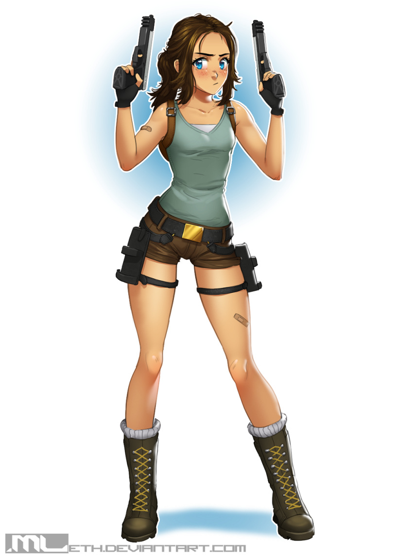 1girl, :/, aiming_up, alternate_eye_color, aqua_shirt, artist_name, bandaid_on_leg, bare_shoulders, belt, blue_background, boots, breasts, brooke_(mleth), brown_boots, brown_hair, brown_shoes, buckle, closed_mouth, cosplay, cross-laced_footwear, crossover, denim, denim_shorts, deviantart_username, dual_wielding, eyebrows, eyelashes, finger_on_trigger, freckles, full_body, gold, gradient, gradient_background, gun, handgun, highres, hips, holding, holding_gun, holding_weapon, lace-up_boots, lara_croft, lara_croft_(cosplay), leg_strap, long_hair, looking_at_viewer, mleth, shirt, shoes, shorts, simple_background, sleeveless, sleeveless_shirt, small_breasts, solo, standing, tank_top, thighs, tomb_raider, two-tone_background, watermark, weapon, web_address, white_background