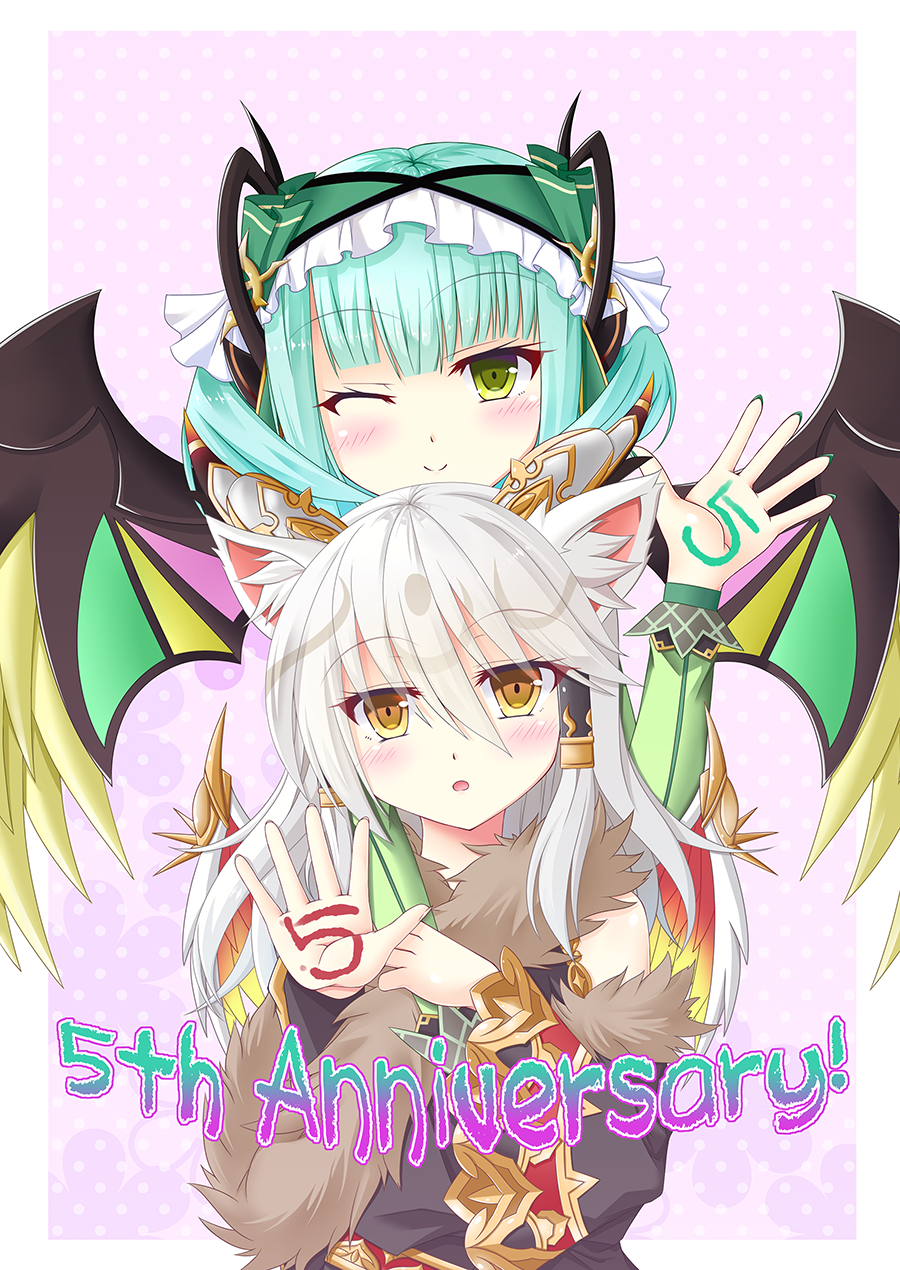 2girls, :o, animal_ears, anniversary, arm_around_shoulder, arm_on_shoulder, arm_over_shoulder, astaroth_(p&amp;d), bangs, bare_shoulders, blunt_bangs, blush, body_writing, border, closed_mouth, demon_girl, demon_horns, detached_sleeves, english, eyebrows_visible_through_hair, eyelashes, eyes_visible_through_hair, feathered_wings, fingernails, floral_background, frills, fur-trimmed_sleeves, fur_trim, gold_trim, gradient, gradient_background, green_eyes, green_hair, green_nails, hair_between_eyes, hair_over_shoulder, hair_tubes, hand_up, head_tilt, headdress, highres, horns, ilmina_(p&amp;d), long_hair, long_sleeves, looking_at_viewer, multicolored, multicolored_wings, multiple_girls, nail_polish, one_eye_closed, open_hand, open_mouth, outside_border, pink_background, polka_dot, polka_dot_background, puzzle_&amp;_dragons, raised_eyebrows, sharp_fingernails, sidelocks, sleeve_cuffs, smile, spiked_wings, text, white_border, white_hair, wings